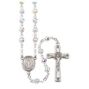 5mm Crystal Aurora Borealis Bead Rosary with 4 Crystal Settings in Crucifix and Center. Comes in a Grey Velvet Box.