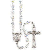 5mm Crystal Aurora Borealis Bead Rosary with 4 Crystal Settings in Crucifix and Center. Comes in a Grey Velvet Box.