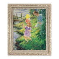 10" x 12" Ornate Silver Frame with a Blanc: Guardian Angel with Girl Print