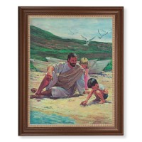 13 1/2" x 16 9/16" Walnut Finished Frame with 11" x 14" Hook: Jesus on the Beach with Children Textured Art
