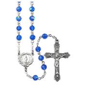 6mm Sapphire Aurora Borealis Crystal Bead Rosary with a Deluxe Center and Cross in Grey Velvet Box