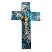 10" Blue and Silver Shimmer Pattern Glass Cross with Museum Gold Tone Crucifix