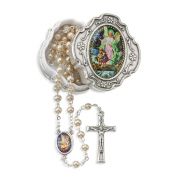 4mm White Pearlized Bead Rosary with Picture Center and Fancy Crucifix in Metal Keepsake Box