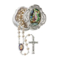 4mm White Pearlized Bead Rosary with Picture Center and Fancy Crucifix in Metal Keepsake Box 4mm White Pearlized Bead Rosary with Picture Center and Fancy Crucifix in Metal Keepsake Box