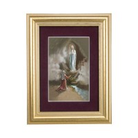 5 1/4" x 6 3/4" Gold Leaf Frame-Burgundy Matte with a 2 1/2" x 3 3/4" Our Lady of Lourdes Print