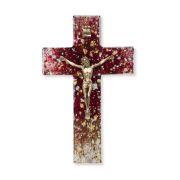 7" Gold and Silver Speckled Red Tone Glass Cross with Museum Gold Finish Corpus