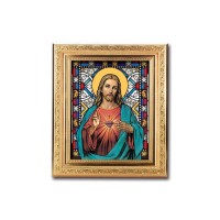 8 1/4" x 10 1/4" Gold Ornate Frame with a 6" x 8" Sacred Heart Jesus Textured Glass Artwork