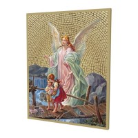 8" x 10" Gold Foil Mosaic Plaque of The Guardian Angel Crossing The Bridge. 8" x 10" Gold Foil Mosaic Plaque of The Guardian Angel Crossing The Bridge.