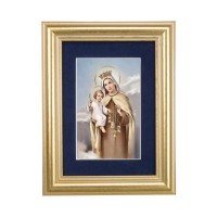5 1/4" x 6 3/4" Gold Leaf Frame-Navy Blue Matte with a 2 1/2" x 3 3/4" Our Lady of Mount Carmel Print
