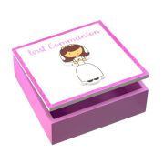 5 1/2" x 5 1/2" Girls First Communion Wooden Keepsake Box with Girl Sticker and Glitter Outline