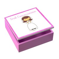 5 1/2" x 5 1/2" Girls First Communion Wooden Keepsake Box with Girl Sticker and Glitter Outline 5 1/2" x 5 1/2" Girls First Communion Wooden Keepsake Box with Girl Sticker and Glitter Outline