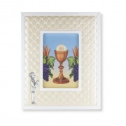 8" x 10" Standing Communion Boy Figure with White Synthetic Leather Picture Frame for 4" x 6" Photos