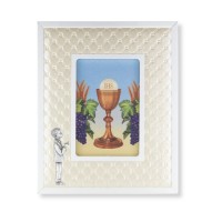 8" x 10" Standing Communion Boy Figure with White Synthetic Leather Picture Frame for 4" x 6" Photos