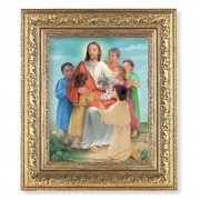 12 1/2" x 14 1/2" Ornate Gold Leaf Antique Frame with 8" x 10" Christ with Children Print
