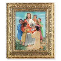 12 1/2" x 14 1/2" Ornate Gold Leaf Antique Frame with 8" x 10" Christ with Children Print