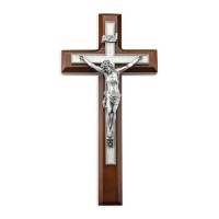 10" Walnut Wood and Pearlized Cross with a Fine Pewter Corpus