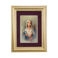 5 1/4" x 6 3/4" Gold Leaf Frame-Burgundy Matte with a 2 1/2" x 3 3/4" Immaculate Heart of Mary Print