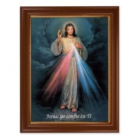 15 1/2" x 19 1/2" Walnut Finish Frame with Gold Accent and a 12" x 16" Divine Mercy Spanish Textured Art