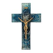 10" Blue and Silver Looped Cross Pattern on Glass Cross with Museum Gold Tone Corpus