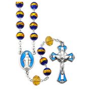 8mm Blue with Gold Swirl Crystal Rosary with Epoxied Center and Crucifix in a Grey Velvet Box