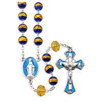 8mm Blue with Gold Swirl Crystal Rosary with Epoxied Center and Crucifix in a Grey Velvet Box