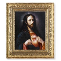 12 1/2" x 14 1/2" Ornate Gold Leaf Antique Frame with 8" x 10" The Sacred Heart of Jesus Print