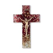 10" Gold and Silver Random Speck Red Tone Glass Cross with Museum Gold Corpus