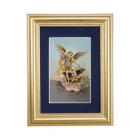5 1/4" x 6 3/4" Gold Leaf Frame-Navy Blue Matte with a 2 1/2" x 3 3/4" Saint Michael Print