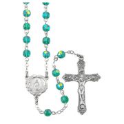 Emerald Crystal Aurora Borealis Bead Rosary with a Deluxe Center and Crucifix in Grey Velvet Box