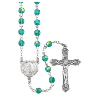 Emerald Crystal Aurora Borealis Bead Rosary with a Deluxe Center and Crucifix in Grey Velvet Box Emerald Crystal Aurora Borealis Bead Rosary with a Deluxe Center and Crucifix in Grey Velvet Box