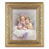 12 1/2" x 14 1/2" Ornate Gold Leaf Antique Frame with 8" x 10" Guardian Angels Print