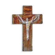 7" Red and Gold Shimmering Glass Cross with Antiqued Silver Tone 'Giglio' Corpus with Gold Highlights