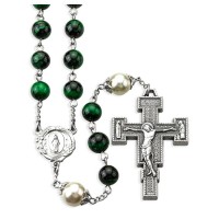 8mm Green Tiger Eye with 10mm Pearl Capped Our Father Bead Rosary 8mm Green Tiger Eye with 10mm Pearl Capped Our Father Bead Rosary