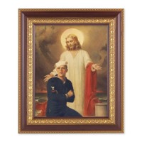 11 1/2" x 13 1/2" Cherry Frame with Gold Trim with an 8" x 10" Jesus with Sailor Print