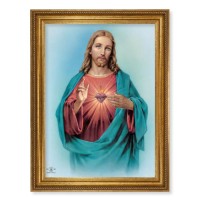 23.5" x 31" Antique Gold Leaf Beveled Frame, Roping Detail with 19" x 27" Sacred Heart of Jesus Textured Art