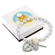 5mm White Pearl Bracelet with an off White Rose Our Father Bead-Pearlized Epoxied Heart with Chalice-Cross and Miraculous Medal
