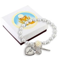 5mm White Pearl Bracelet with an off White Rose Our Father Bead-Pearlized Epoxied Heart with Chalice-Cross and Miraculous Medal