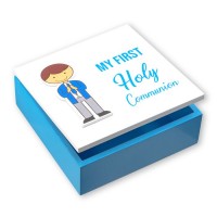 5 1/2" x 5 1/2" Boys Wooden Communion Keepsake Box with Boy Sticker