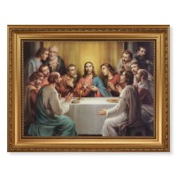 15 1/2" x 19 1/2" Antique Gold Leaf Beveled Frame with Bead Inlay and 12" x 16" Bonella: Last Supper Textured Art