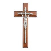 8" Hand Polished Genuine Pewter Papal Crucifix Mounted on 10" Walnut Cross. Gift Boxed.