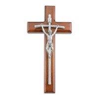 8" Hand Polished Genuine Pewter Papal Crucifix Mounted on 10" Walnut Cross. Gift Boxed. 8" Hand Polished Genuine Pewter Papal Crucifix Mounted on 10" Walnut Cross. Gift Boxed.