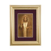 5 1/4" x 6 3/4" Gold Leaf Frame-Burgundy Matte with a 2 1/2" x 3 3/4" Simeone: Sacred Heart of Jesus Print