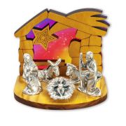 2" Wood Nativity with Metal Figurines and Colored Backdrop