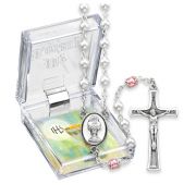 5mm White and Rose Pearlized Glass Bead Rosary with Chalice Centerpiece and Italian Crucifix, Boxed