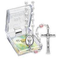 5mm White and Rose Pearlized Glass Bead Rosary with Chalice Centerpiece and Italian Crucifix, Boxed