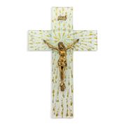 10" Gold and Silver on White Glass Cross with Museum Gold Tone Corpus