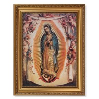 15 1/2" x 19 1/2" Antique Gold Leaf Beveled Frame with Bead Inlay and 12" x 16" Our Lady of Guadalupe with Angels Textured Art