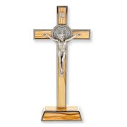7 3/4 Saint Benedict Standing Wood Crucifix with Silver Trim