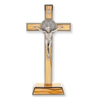 7 3/4 Saint Benedict Standing Wood Crucifix with Silver Trim