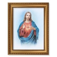 15 1/2" x 19 1/2" Antique Gold Leaf Beveled Frame with Bead Inlay and 12" x 16" Sacred Heart of Jesus Textured Art